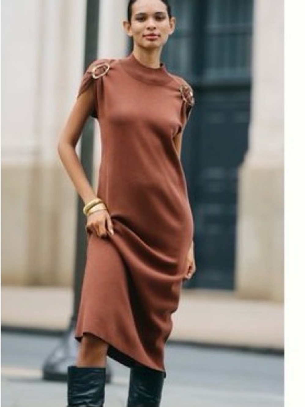 Anthropologie Chocolate Brown Midi Dress with Gold Ring Accents